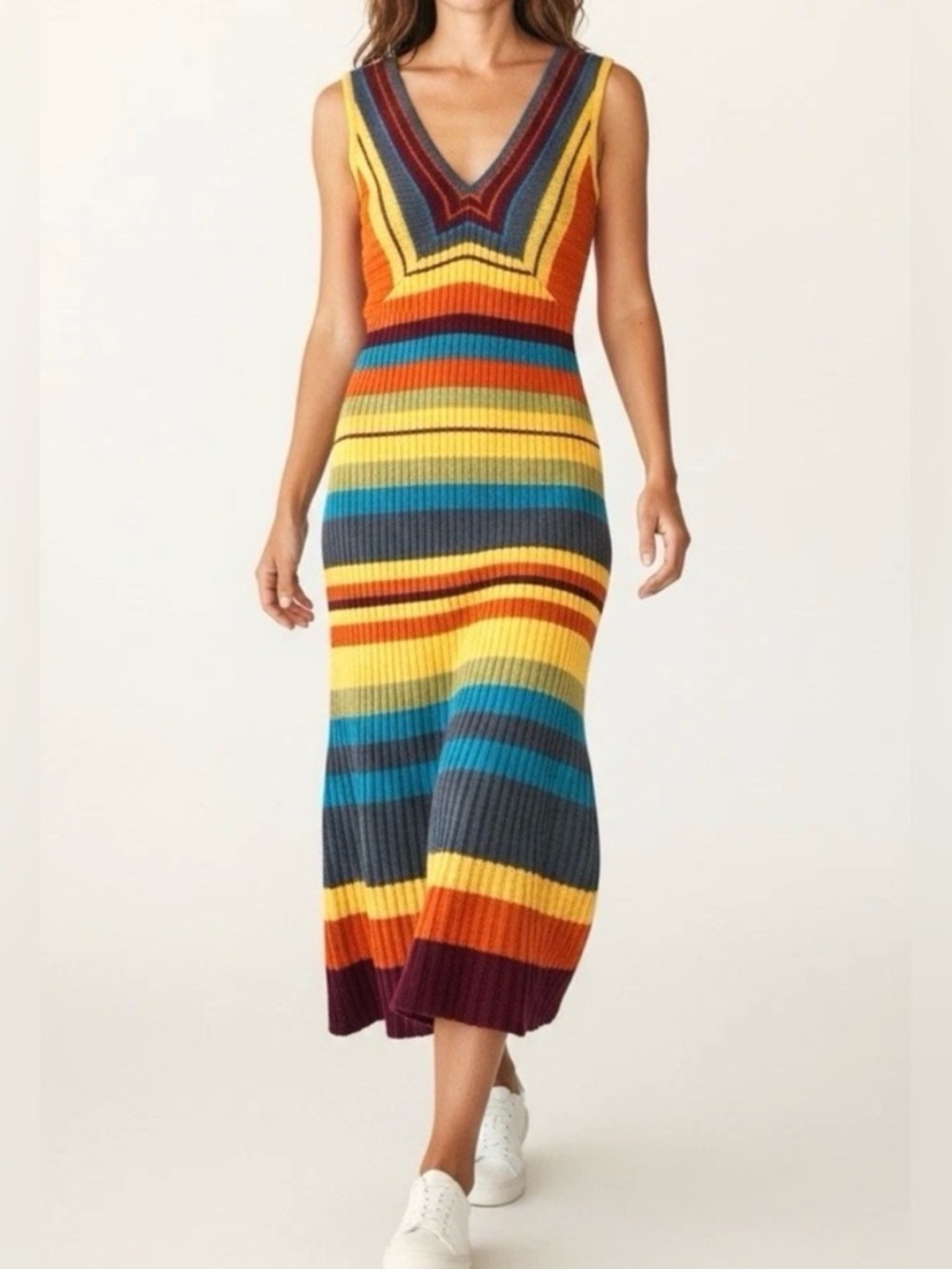 OYROSY Retro Western Style Colorful Striped Knitted Maxi Dress Deep V Sleeveless